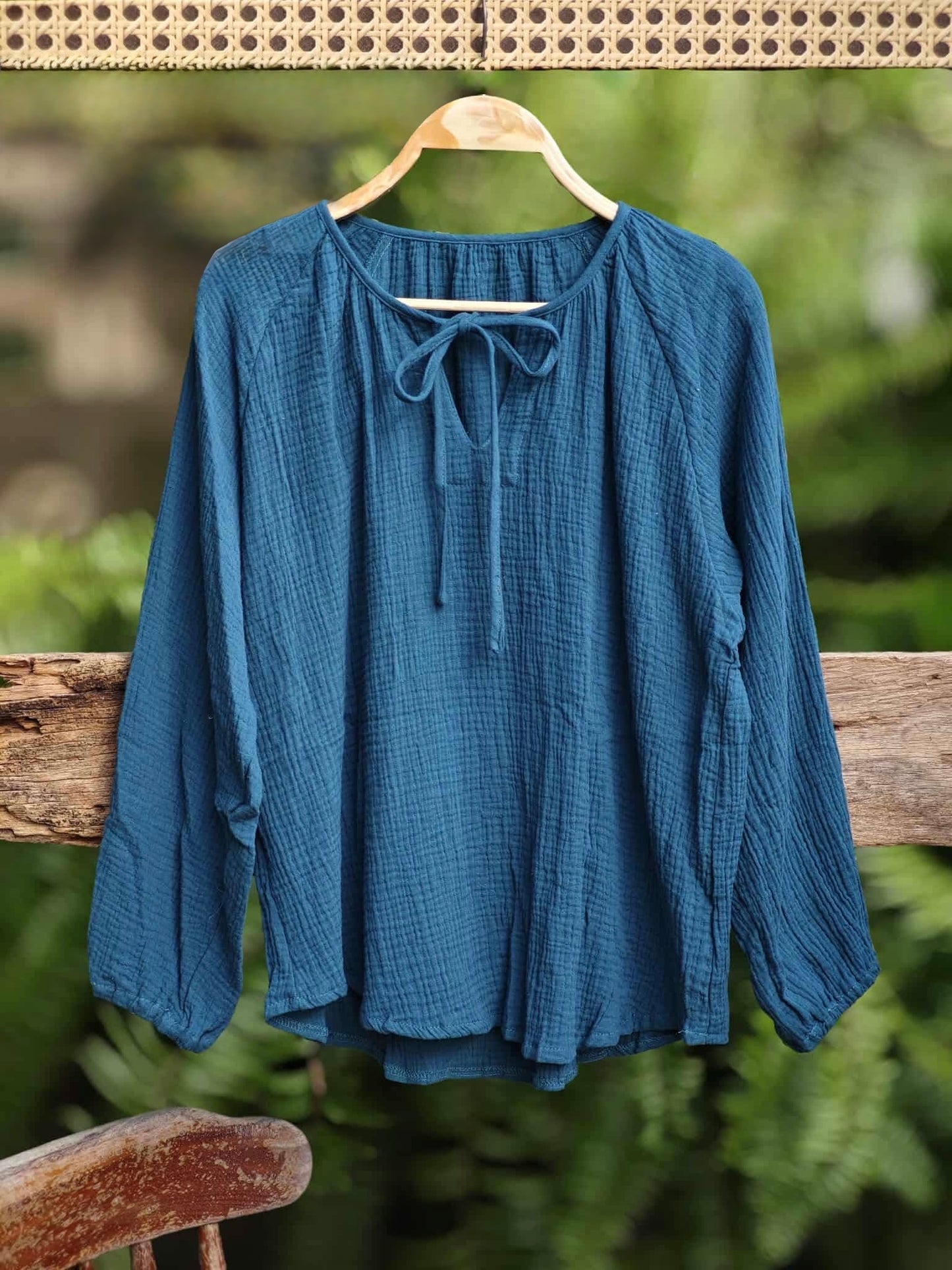 Gauze Drawstring Neckline Blouse