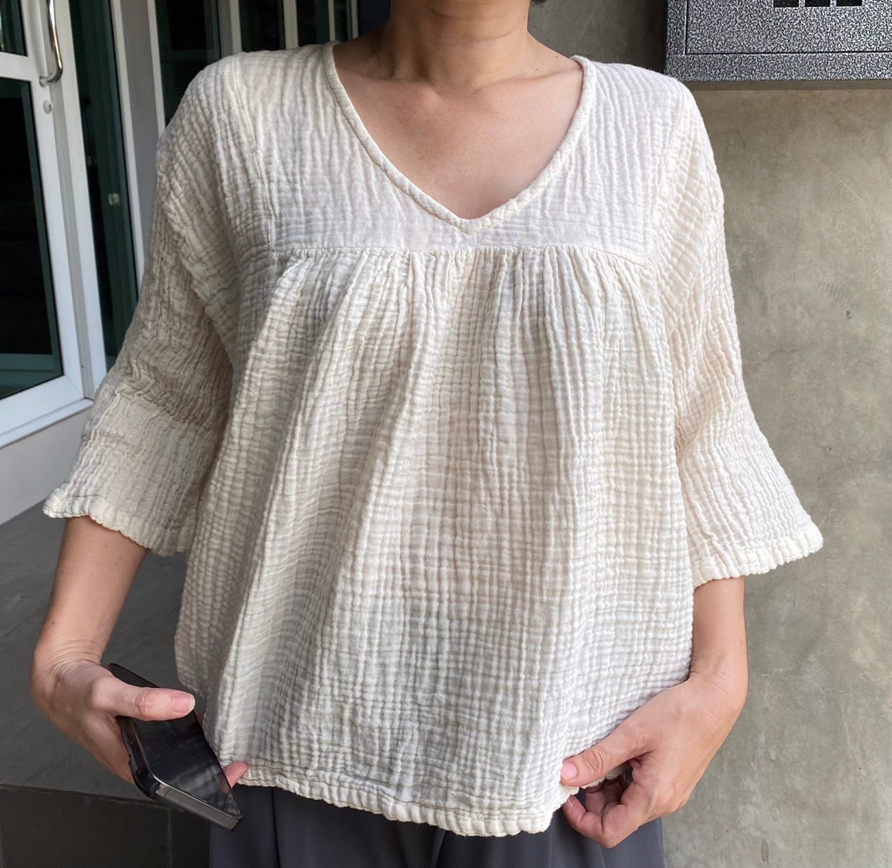 Gauze V Neck Peasant Blouse