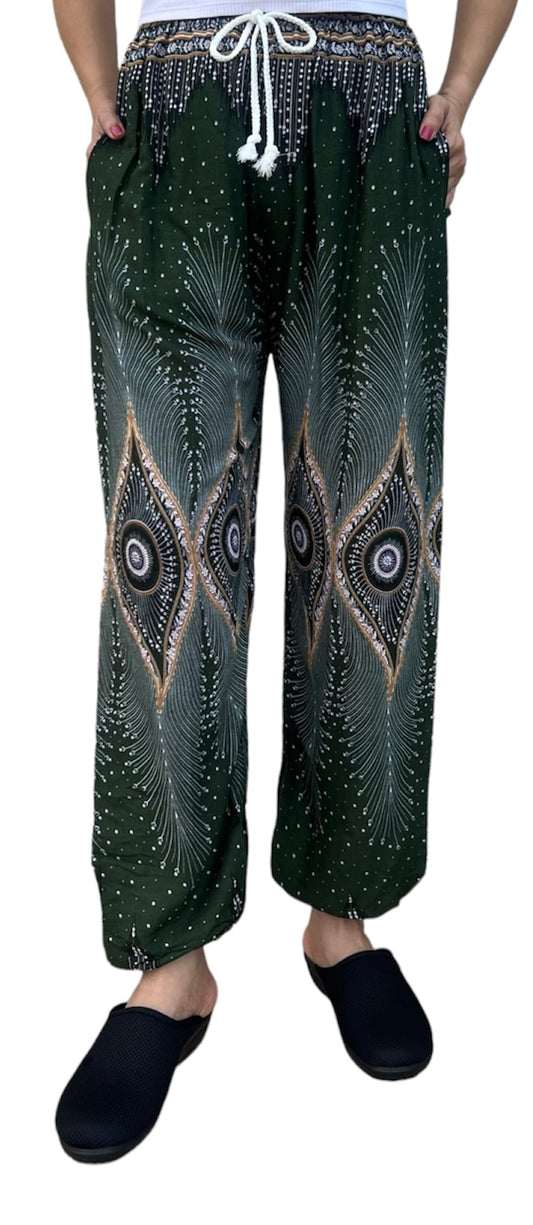 Harem Pants 2 Pockets - Peacock Big Eyes - Olive Green