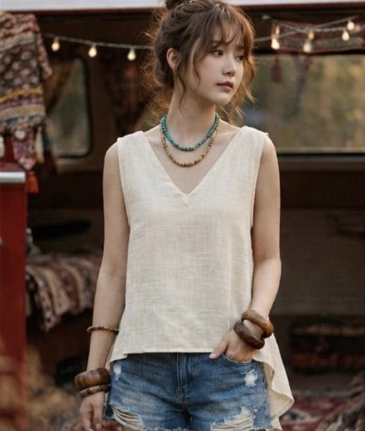 Slub Double V-Neck Top