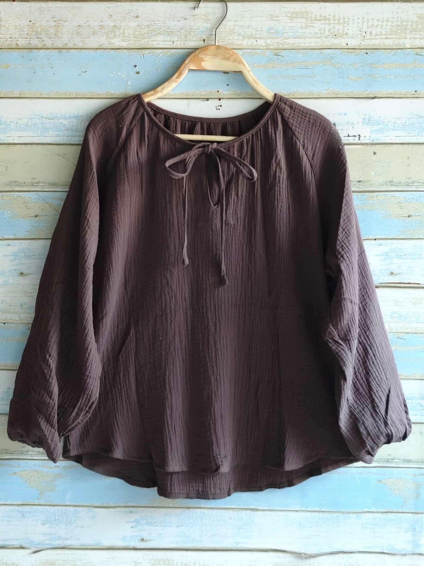 Gauze Drawstring Neckline Blouse