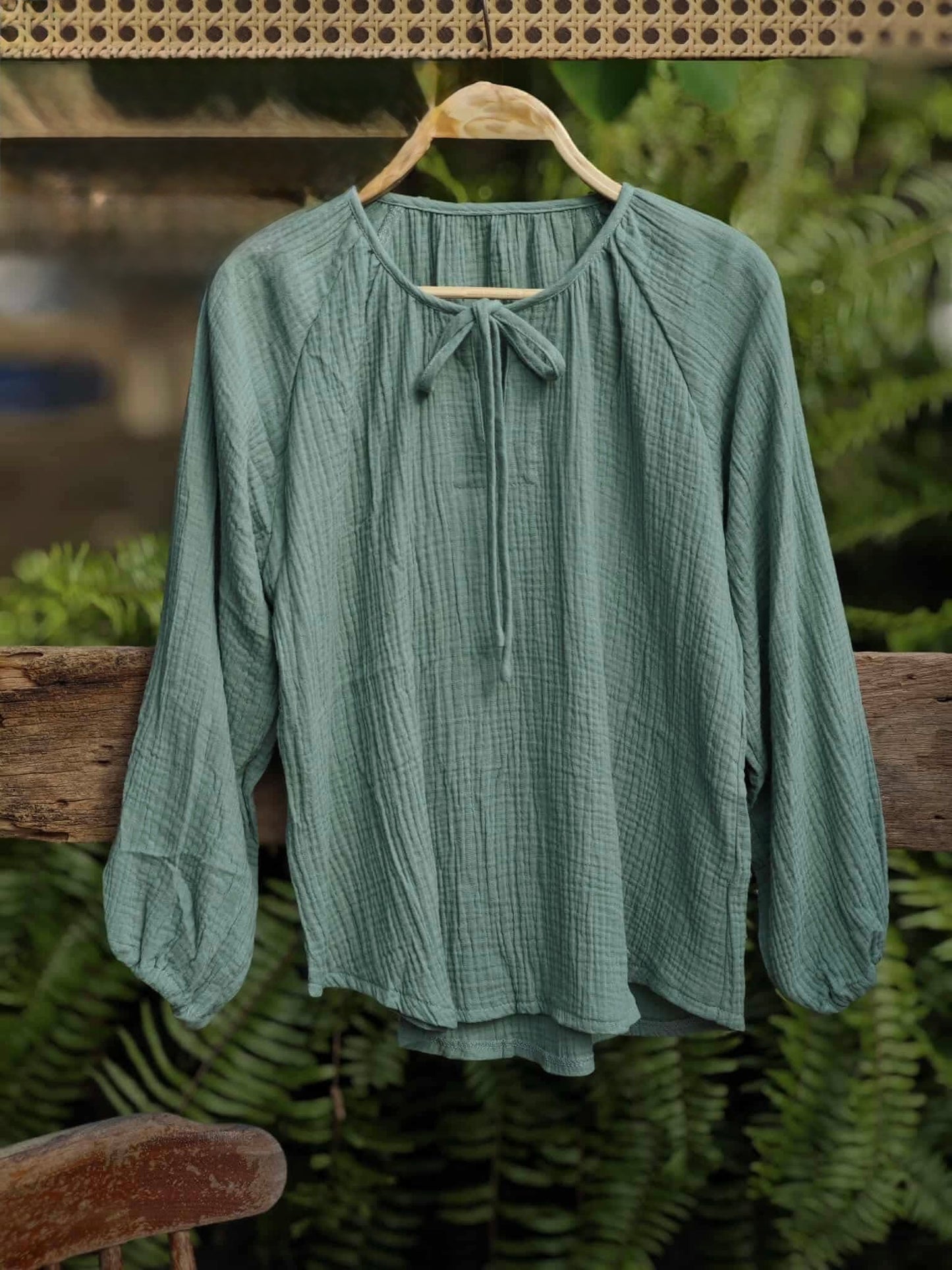 Gauze Drawstring Neckline Blouse