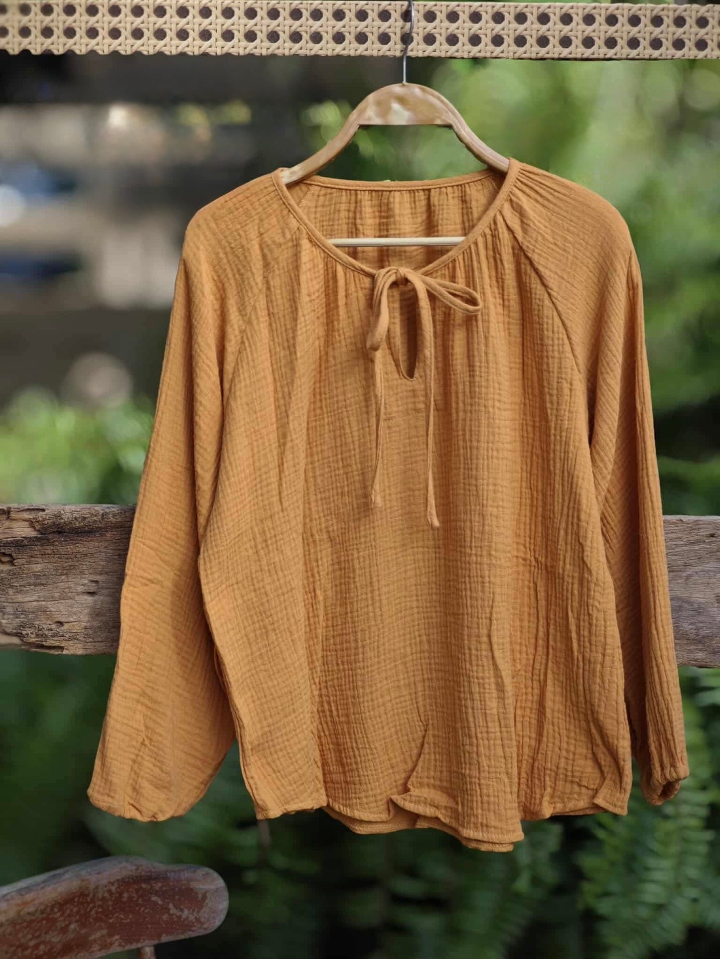 Gauze Drawstring Neckline Blouse