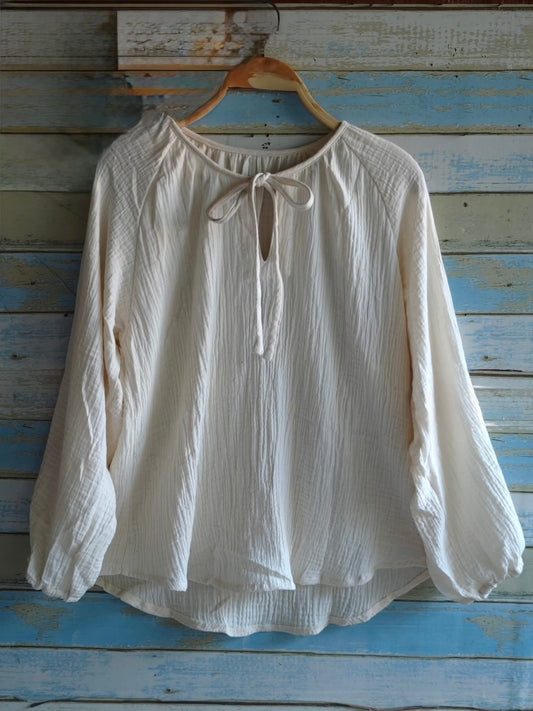 Gauze Drawstring Neckline Blouse