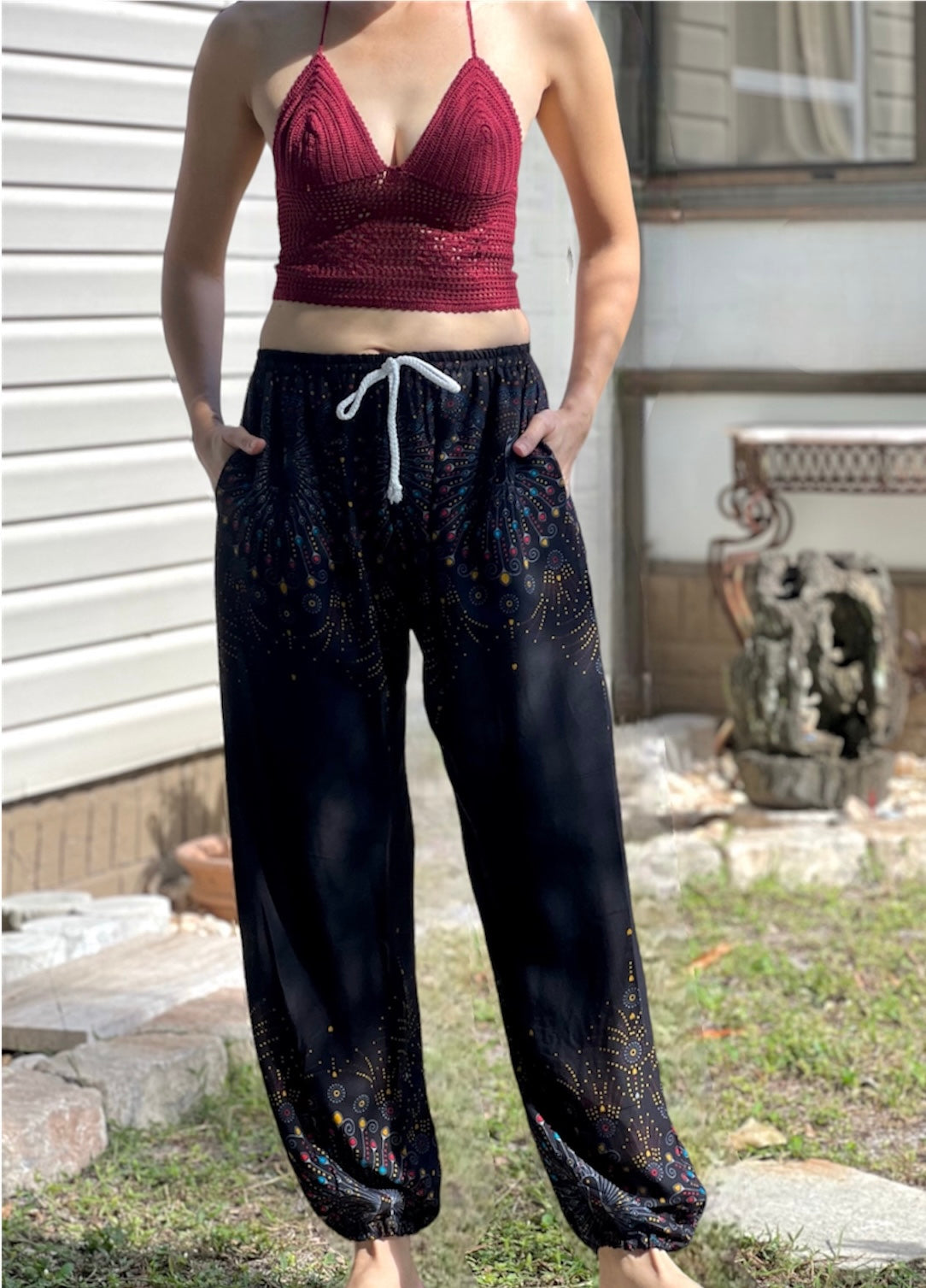 Harem Pants 2 Pockets - Peacock Spread Tail 2 Ways - Black