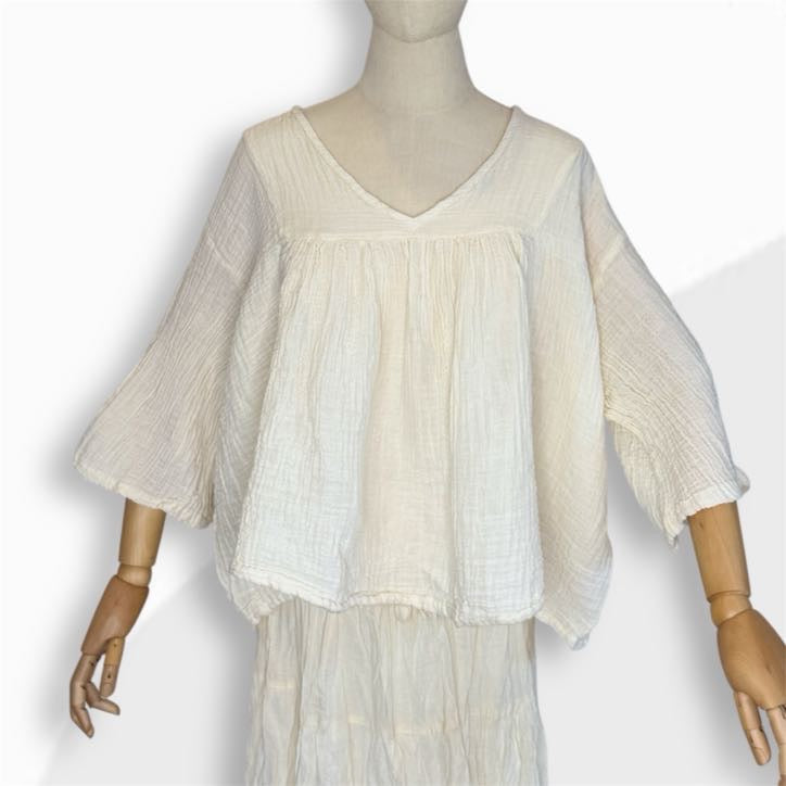 Gauze V Neck Peasant Blouse