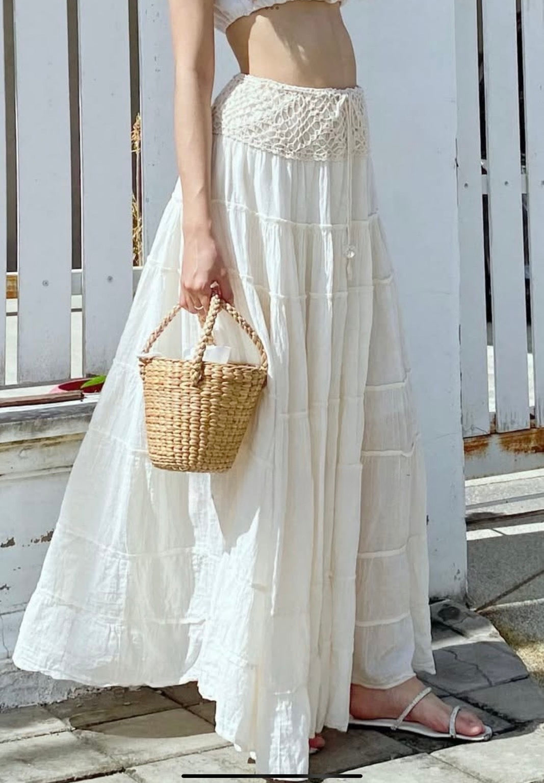 Waist Crochet Gauze Tiered Skirt