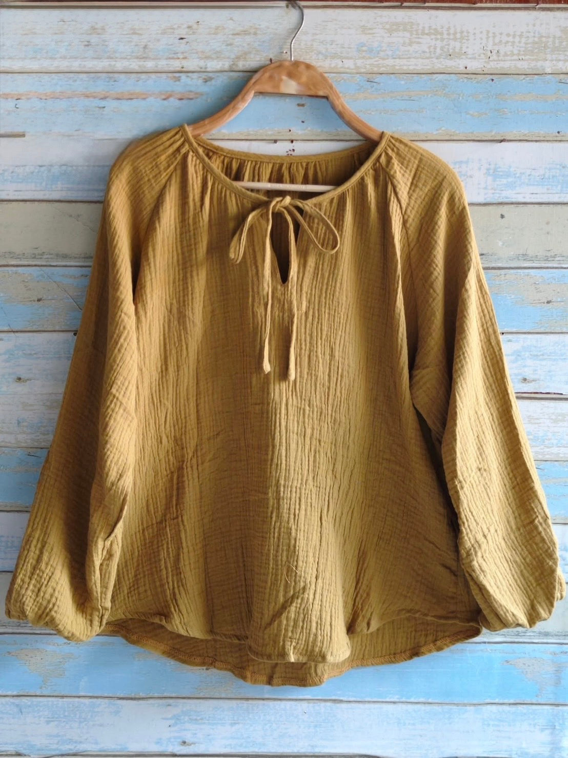 Gauze Drawstring Neckline Blouse